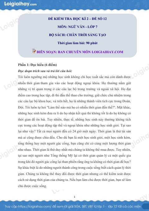 Đề thi học kì 2 Văn 7 Chân trời sáng tạo - Đề số 12